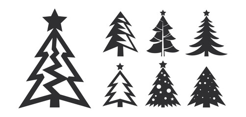 Obraz premium Collection of stylized black christmas tree silhouettes with stars and ornaments, representing holiday and winter decorations, isolated on white.