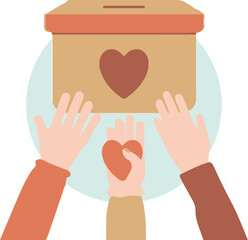 Three pairs of hands reaching toward a donation box, one holding a heart, symbolizing charity and giving.