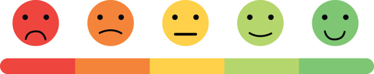 Five colorful smiley faces ranging from sad to happy, aligned with a corresponding color gradient bar.