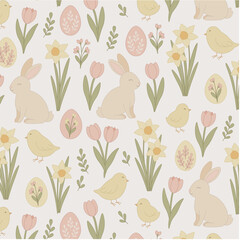 Soft Pastel Easter Pattern with Bunnies, Chicks, Eggs and Minimal Floral Elements