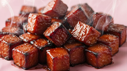 A close up of glistening glazed pork belly cubes piled high on a pink surface