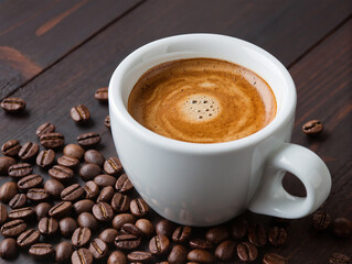 Fototapeta premium Fresh tasty espresso cup of hot coffee with coffee beans on dark background