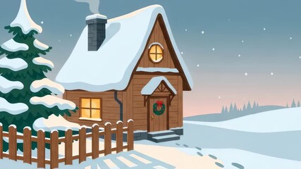 Idyllic snowy winter landscape with a cozy wooden house, Christmas tree, warm light, and falling snow for holiday animation - Powered by Adobe
