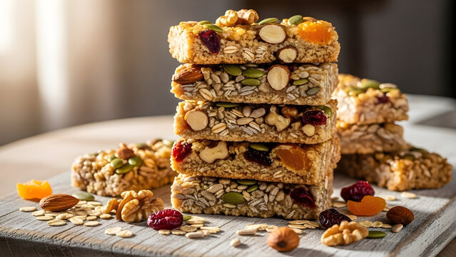 A stack of delicious homemade granola bars packed with nuts seeds and dried fruits