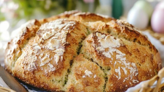 A loaf of bread sits on top of a woven basket