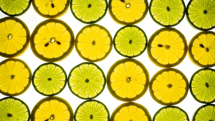 Brightly lit translucent slices of yellow and green citrus fruits arranged in a grid pattern