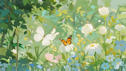 Butterflies and flowers in garden