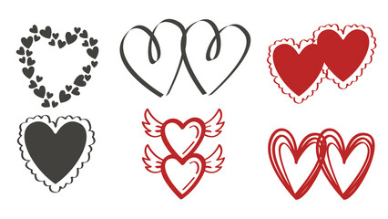 Collectionn of Various different hand drawn heart icons Set love collection isolated on white background. Red heart symbol for Valentines Day Transference PNG design