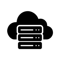 A solid cloud server icon showing stacked server units within a cloud, representing robust compute power, virtual machines, and backend infrastructure used for hosting applications
