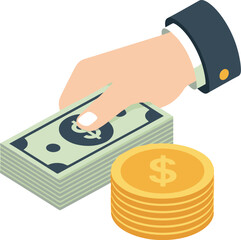 Isometric illustration of a businessman's hand holding a stack of dollar bills next to a pile of gold coins.