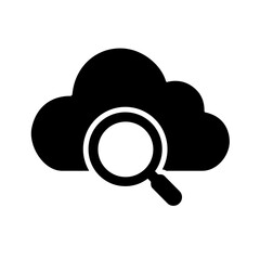 A solid cloud search icon representing deep cloud data discovery, enabling indexing, querying, inspection, and retrieval of resources stored within distributed cloud systems and platforms.