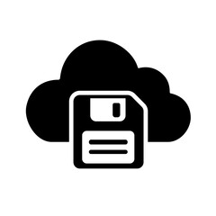 A solid cloud save icon representing protected storage of files, backups, system data within cloud platforms, ensuring reliability, preservation, secured availability across distributed environments. 