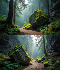 A rocky gorge with moss-covered rocks and a hiking trail