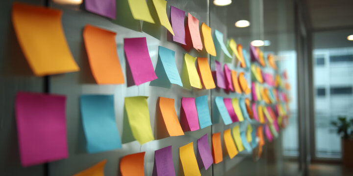 Numerous colorful sticky notes affixed to a clear glass wall, showcasing vibrant hues and organization.