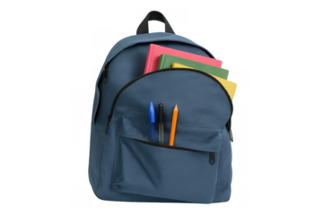 Blue backpack for school or university filled with books and pens, ready for learning and education on透明 background