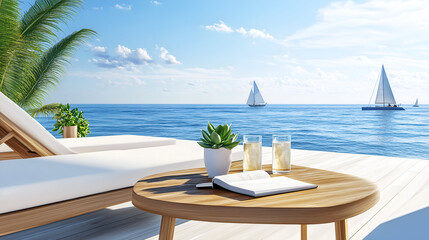 Obraz premium Luxury Wooden Deck With Sun Loungers And Sea View With Sailboats