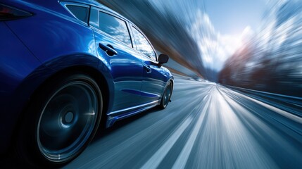 Fototapeta premium A blue sports car speeds down a highway creating a dynamic blur of motion. The road stretches ahead with trees and clouds visible in the background under a bright sky.