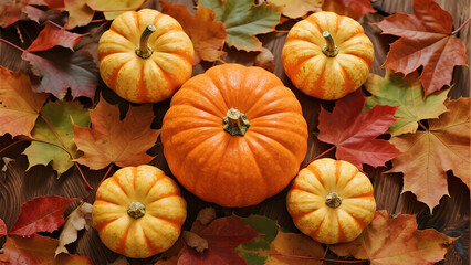 Pumpkins and autumn leaves on wooden surface