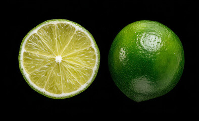 Fresh lime: cross-section reveals juicy segments next to a whole lime showing textured skin, against a dark backdrop.