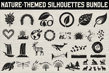 Fototapeta premium collection of nature-themed silhouettes featuring mountains, forests, wildlife, trees, and outdoor adventure elements