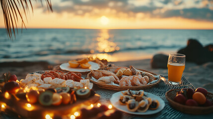 Romantic Beach Picnic With Food At Sunset By The Ocean