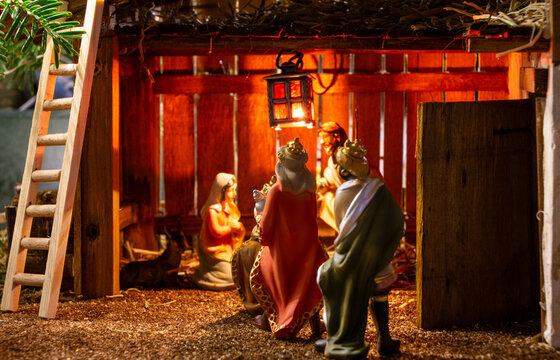 Close-up of nativity scene with kings, mary and joseph