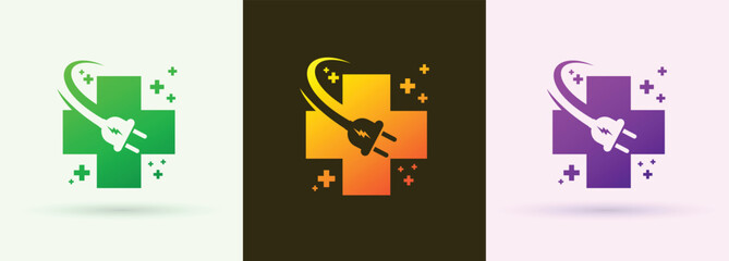 Medical cross electric plug swoosh logo healthcare clinic technology energy service brand icon
