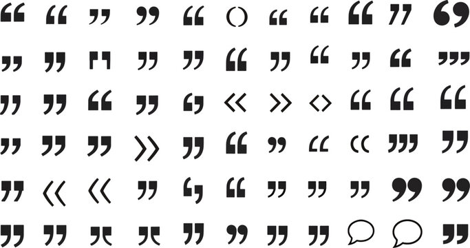 Collection of quotation marks punctuation symbols and speech bubble icons isolated on white background, typographic elements