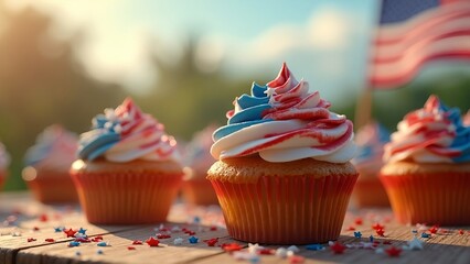 Independence Day USA Red, white, and blue cupcakes decorated for celebration outdoors