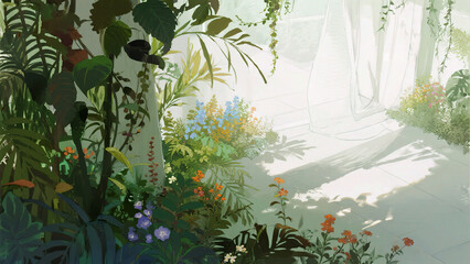 Sunlit garden with lush plants and flowers