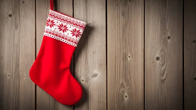 Festive red christmas stocking hanging on rustic wooden wall holiday decoration cozy winter season traditional celebration - Powered by Adobe