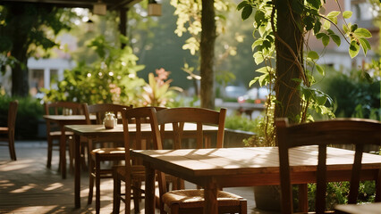 Outdoor cafe seating with greenery