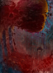 Greedy capitalism dark concept illustration. Surreal meat man in sticky and bloody hell environment.