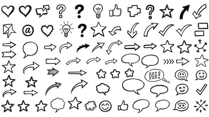 Hand-Drawn Doodle Icons &ndash; Hearts, Stars, Arrows, Speech Bubbles, and Emoticons PNG