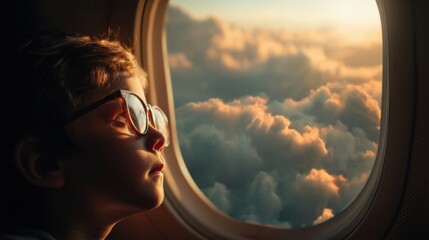 A young boy looks out of an airplane window captivated by the beautiful clouds glowing during sunset. The vibrant colors create a peaceful and thoughtful atmosphere in the cabin.