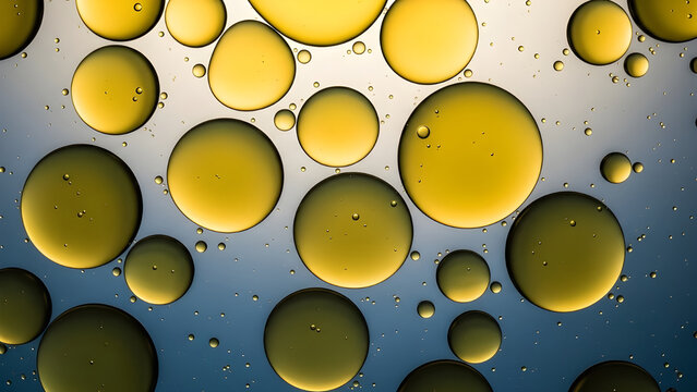Abstract macro photograph capturing vibrant yellow oil droplets suspended in water with a gradient blue background