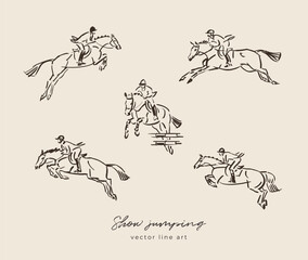 Horse sport line art illustrations, horse and rider, show jumping hand drawn scenes