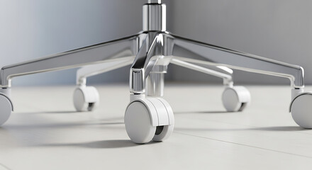 Sleek chrome base and smooth-gliding caster wheels of a contemporary office chair on a pristine floor surface