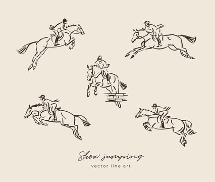 Horse sport line art illustrations, horse and rider, show jumping hand drawn scenes