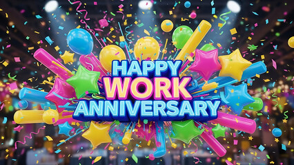 Vibrant Happy Work Anniversary celebration with colorful confetti and balloons