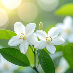 Obraz premium Two delicate white flowers, star-shaped, bloom against a soft, sunlit background