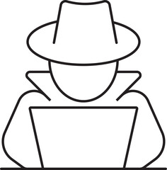 Line art icon of an anonymous person in a fedora hat and trench coat using a laptop computer.