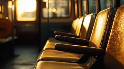 Empty train seats, sunset glow, urban commute, quiet journey