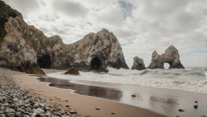 Dramatic coastal landscape with rugged cliffs and ocean waves under cloudy sky.