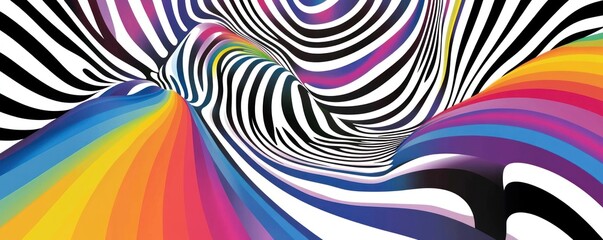Abstract rainbow swirl, black and white stripes, psychedelic background, vibrant design