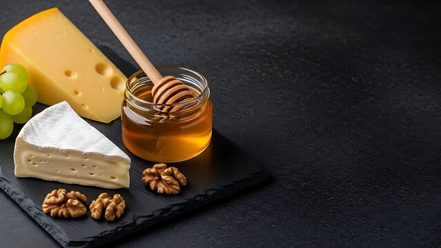 Cheese platter with honey walnuts and grapes on dark slate brie - Powered by Adobe