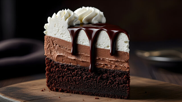 Decadent triple layer chocolate mousse cake slice with whipped cream and chocolate drizzle - Powered by Adobe