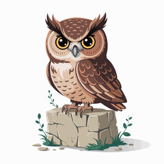 This vibrant illustration showcases a wise owl perched upon a stone, surrounded by lush greenery, symbolizing wisdom and the connection to nature in a captivating style.