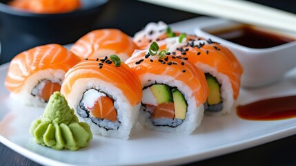 Salmon sushi roles with wasabi and soy sauce