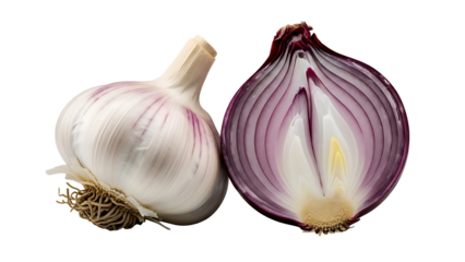 A close up shot of a whole garlic bulb and a halved red onion